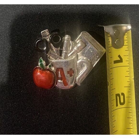 Silver Tone And Red Enamel Teacher Apple And Supples Brooch - Picture 4 of 4